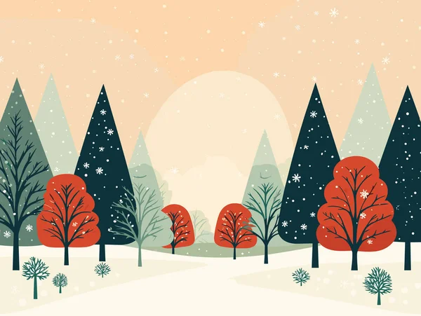 Christmas Holiday Graphic Illustration Pine Trees Style Dark Orange Sky — Stock Vector