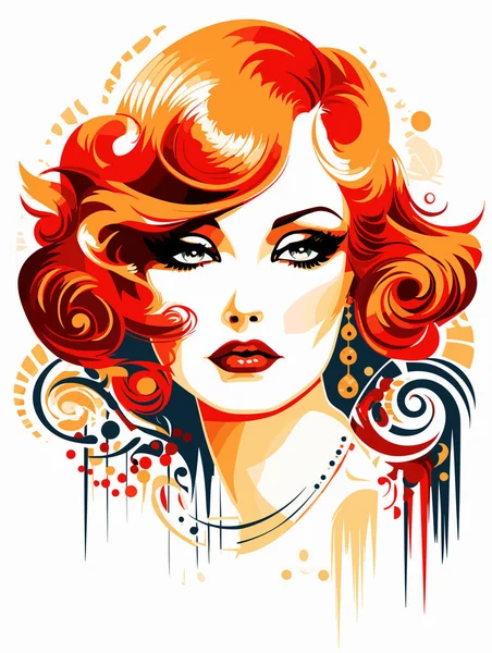 一个红头发的女人 有条纹在一个轮廓 在风格复古好莱坞的魅力 现实的超细节的肖像 大胆的平面设计元素 黑暗的白色和红色 平滑和新潮 — 图库矢量图片