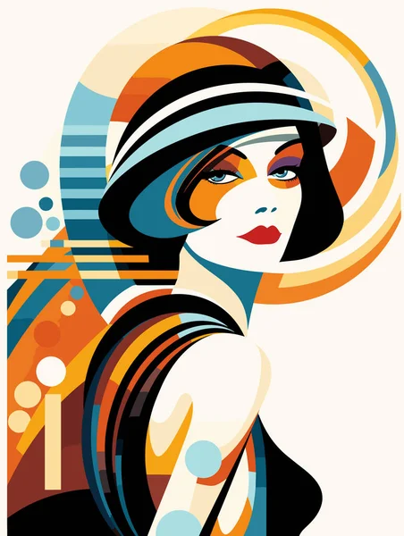 Women Red Hat Illustration Art Dans Style Motifs Géométriques Art — Image vectorielle