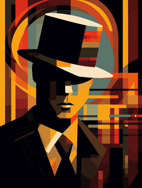 Абстрактный образ человека в шляпе, в стиле арт-деко, очаровательные персонажи, городские портреты, темно-янтарный, смелые графические иллюстрации