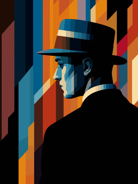 Человек в шляпе и галстуке, в стиле смелых и графических композиций, ретро футуризма, городских портретов, темно-янтаря и янтаря, иллюстративных, портретов со скрытыми значениями