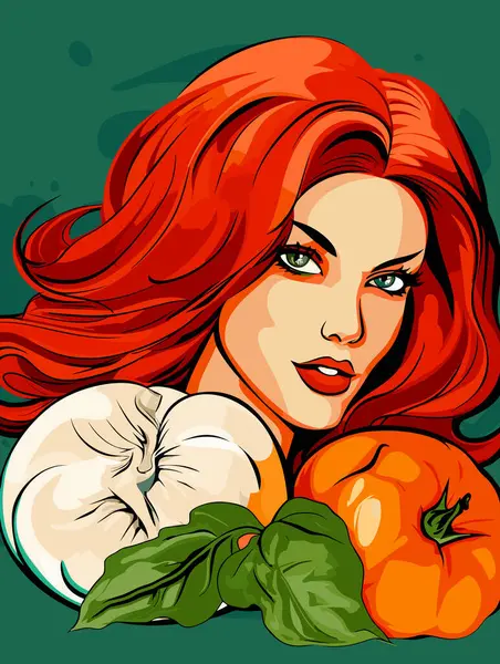 Red Hair Girl Зелеными Веточками Стиле Ретро Поп Арта Inspired — стоковый вектор