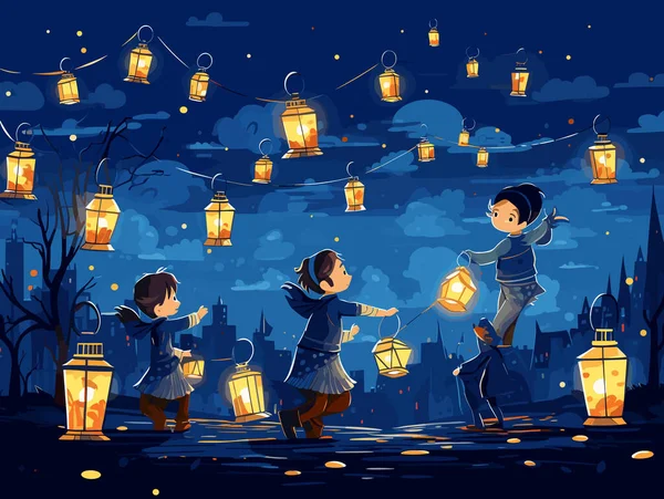 Crianças Com Lanternas Sob Imagem Lua Estilo Marinha Clara Composições — Vetor de Stock