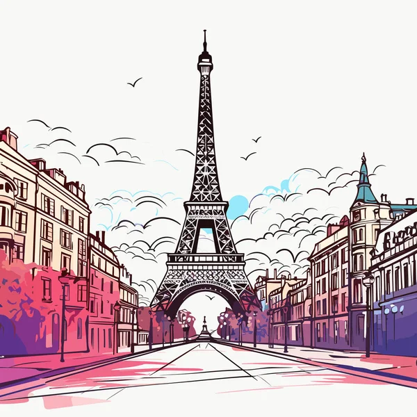 Иллюстрация Показывающая Эйфелеву Башню Улицы Парижа Стиле Ярких Цветных Градиентов — стоковый вектор