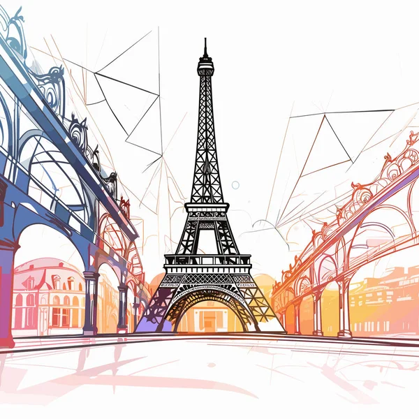 Hand Drawn Portrait Paris Featuring Eiffel Tower Style Colorful Gradients — Stock Vector