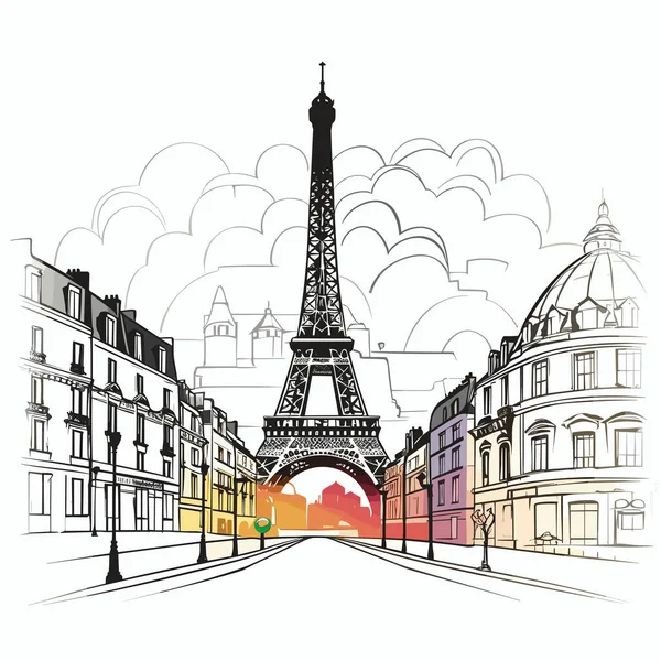 法国明信片巴黎埃菲尔铁塔绘画 简约的矢量艺术风格 灰色和琥珀色 梦幻般的城市景观 图画笔墨素描 — 图库矢量图片