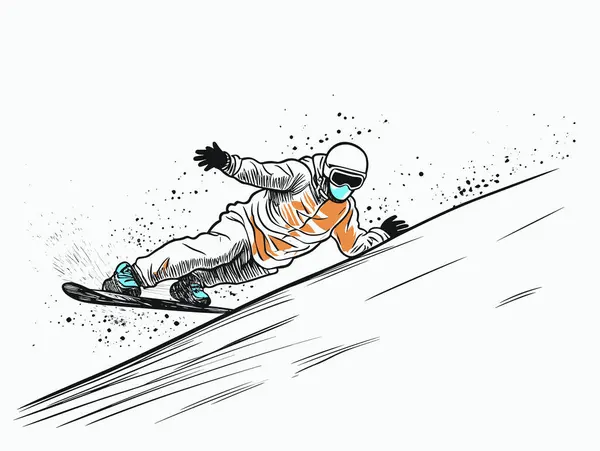 Line Drawing Snowboarder Going Hill Style White Amber High Speed — Stockový vektor