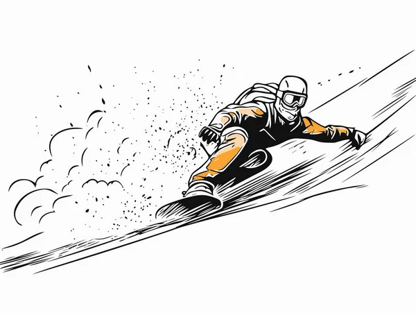 Ručně Kreslený Obrázek Snowboardisty Kopci Stylu High Angle Bílá Jantarová — Stockový vektor
