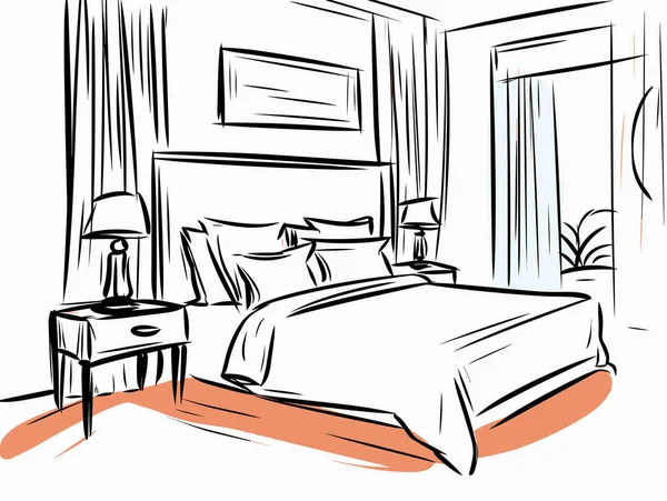 Yatak Odası Sahnesinin Çizimi Yatak Odası Masa Kalın Hatlar Düz — Stok Vektör
