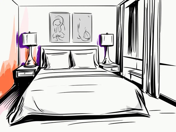 公寓内卧房的绘画 以流行艺术卡通画风 浅灰风格 松驰风格 姿势风格 流畅风格 新潮风格创作 — 图库矢量图片