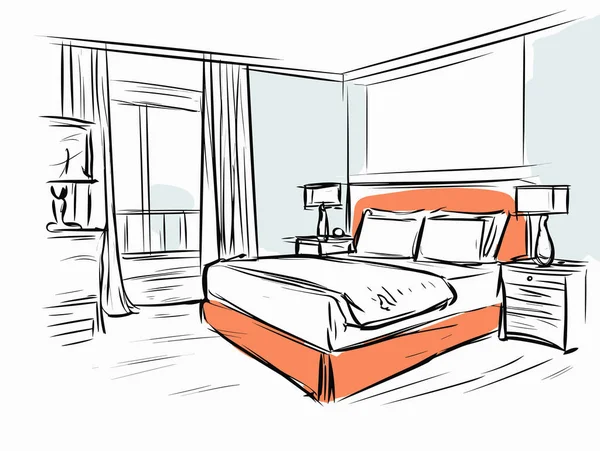 A Drawing Of A Bedroom With Dark Brown Walls And A White Bed, In The Style Of Orange, Simplistic Vector Art, Ink Wash Painting, Bold Black Outlines, Light Red And Emerald