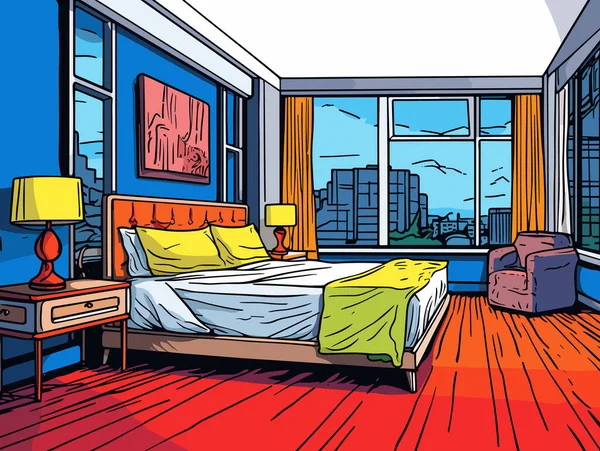 Yatak Giysi Lambalar Manzaralı Bir Yatak Odası Karikatür Tropikal Manzaralar — Stok Vektör