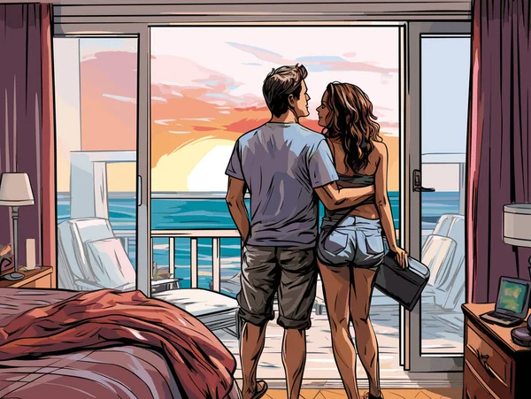 窓の前で美しいカップル 詳細なコミックブックアートのスタイルで 現実的な景色 ホライズン コミックアート — ストックベクタ