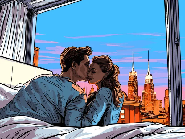 与Nyc天线阵 图形小说风格 写实主义的肖像 生动的图画 地平线的房间里的一对情侣接吻 — 图库矢量图片