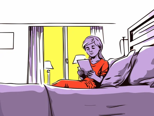Дівчина Читає Ліжку Стилі Редакційної Карикатури Червоний Бурштиновий Високо Деталізовані — стоковий вектор