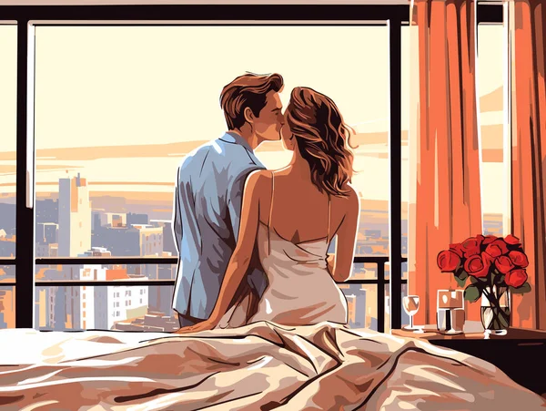 Painting Couple Honeymoon Kissing Style Superflat Style Photorealistic Cityscapes Warm — Stock Vector
