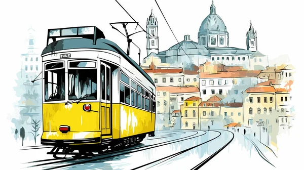 一辆黄色的电车沿着街道行驶 后面是里斯本市景 风格如水墨画 矢量清漆 — 图库矢量图片