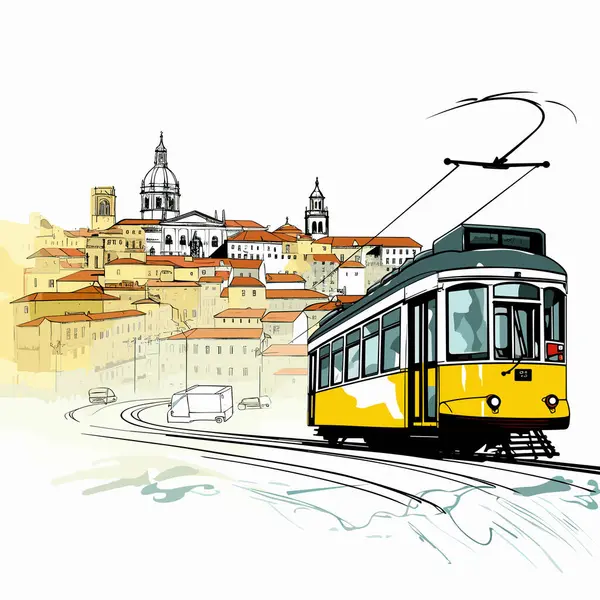 ポルトガルイラストレーターと列車 エレガントなシティスケープのスタイルで グラフィックコンツアー 黄色と青銅 フローリングブラシワーク — ストックベクタ