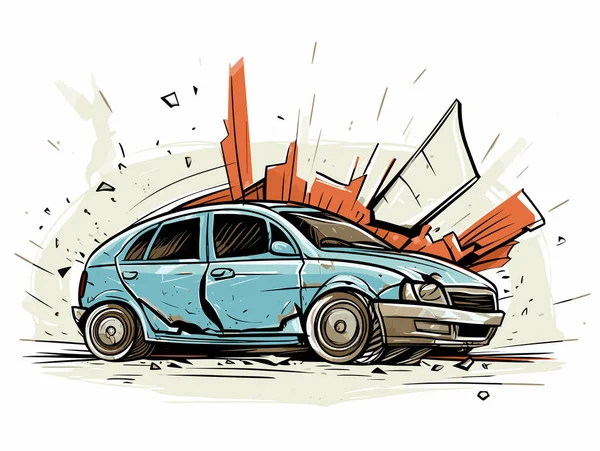 ブルーハンド描かれたスタイルの車の残骸のイラスト リアルな正確さ 悪い絵画 ライトブラウンとライトブルー — ストックベクタ