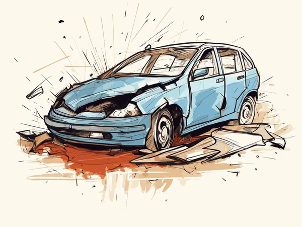スケッチスタイルのベクターイラストで描かれた傷ついた青い車 概念的な絵画のスタイルで 詳細に現実的な注意 マンガに触発 — ストックベクタ