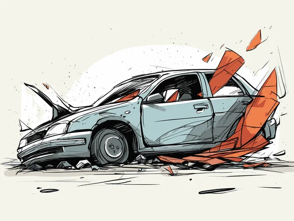 Blå Bil Vraket Krossad Bitar Tecknad Stilen Handritad Hand Sketching — Stock vektor