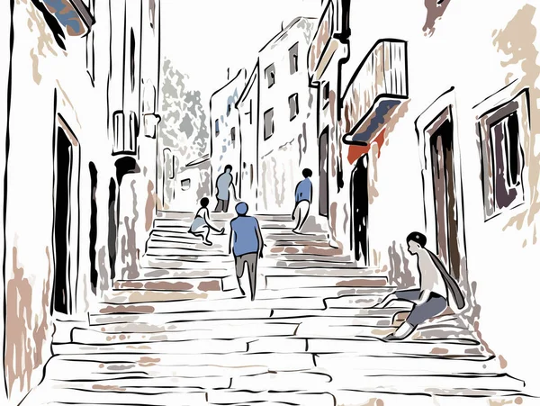 歩く人々と階段のイラスト 伝統的なストリートシーンのスタイルで スペイン語学校 流動インク洗浄 流れるライン — ストックベクタ