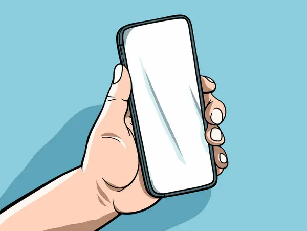 Mano Tiene Schermo Dello Smartphone Nella Finestra Trasparente Nello Stile — Vettoriale Stock