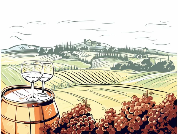 在有葡萄的酒桶上喝两杯葡萄酒 俯瞰葡萄园 以生动形象的风格 意大利风景画 迷人的风景画 — 图库矢量图片