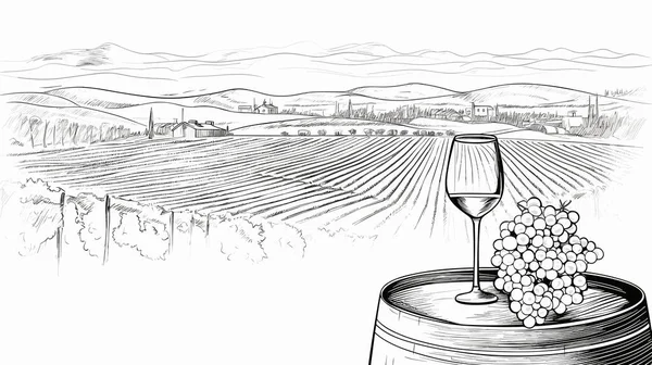 ワインおよびブドウが付いているヴィンテージのイタリアの景色の田舎の風景 強い線形要素の様式のヴィンテージの設計 高コンストラストの陰影 — ストックベクタ