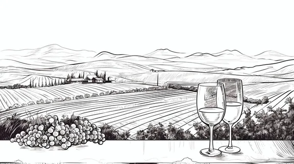 古色古香的明信片 带有托斯卡纳风景画和葡萄酒眼镜 木刻风格 孤立的风景画 — 图库矢量图片