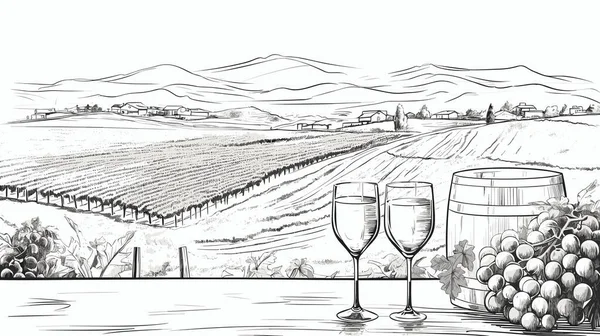 ヴィンテージワインの風景 ワインの2つのガラスと夕日と本 グラフィックラインワークのスタイルで 伝統的な風景 — ストックベクタ