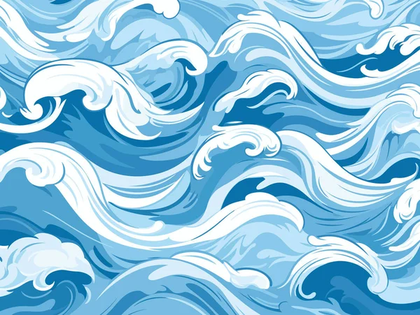 美しい波と青と白のグラフィック ハイパー詳細イラストのスタイルで 着色された漫画スタイル 嵐の海岸 — ストックベクタ