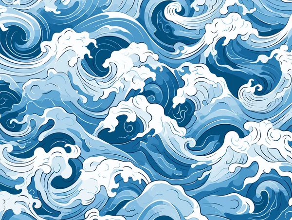 白の渦が付いている青および白い海の波のパターン 詳細なコミックのアートの様式 含まれている天気の描写 モート 超詳細なイラスト — ストックベクタ