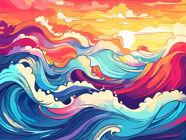 Ілюстрація Барвистої Хвилі Заході Сонця Стилі Живих Морських Пейзажів Яскрава — стоковий вектор