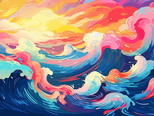 在夕阳西下的卡通海浪云彩海洋风格的艺术品海洋背景艺术图解库向量 以活泼调色刀的风格 超详细的图解 — 图库矢量图片