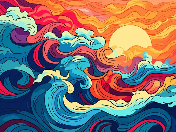 Une Impression Colorée Des Vagues Coucher Soleil Dans Style Dessin — Image vectorielle