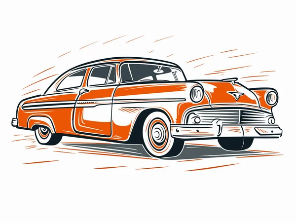Beyaz arka planda, hız ve hareket biçimi, ahşap kesim ve Linocut, karikatür tasarımı tarzında 1950S model bir araba çizimi.