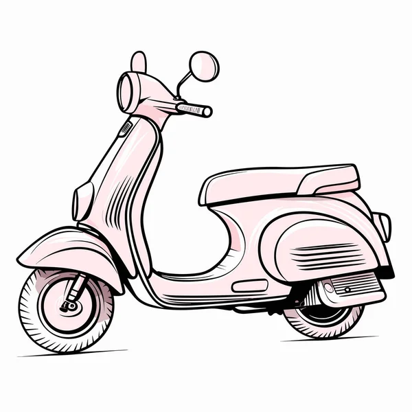 Beyaz arka planda pembe bir Scooter çizilmiş, monoton, geleneksel, ince renklendirme, çizgi film gerçekçiliği şeklinde.