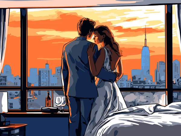 Couple Hugging Bed Style Realistic Cityscapes Vintage Poster Design Speedpainting Stok Ilustrasi Bebas Royalti