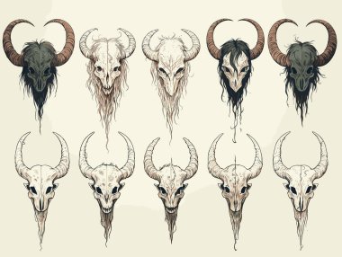 8 types of Satanic Goat Head horns Sheep Skull in hand-drawn style clipart