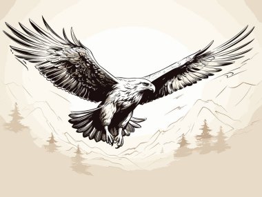 Flying eagle logotype mascot in engraving style in hand-drawn style clipart