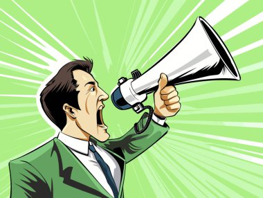 Ofisteki megafonun elle çizilmiş bir şekilde bağırışının vektör çizimi