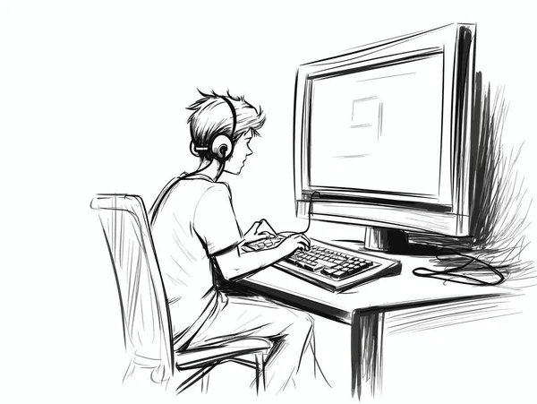 Student Gaming Een Desktop Computer Hand Getrokken Stijl — Stockvector