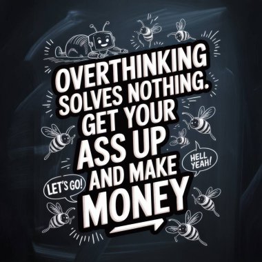A hand-drawn, pencil-style motivational poster with the text Overthinking Solves Nothing. Get your ass up and make money. in bold, playful typography. The lettering has a three-dimensional style, with the words Overthinking Solves Nothing in block le