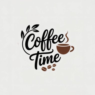 Bir minimalist logo tasarımı. Yazılı kahve saatini modern ve stilize bir yazı tipiyle içeriyor. Kahve kelimesi büyük siyah fırça harfleriyle yazılırken, Zaman aşağıdaki küçük siyah el yazısı ile yazılmıştır. Metnin sağında basit bir kahverengi tabut var.