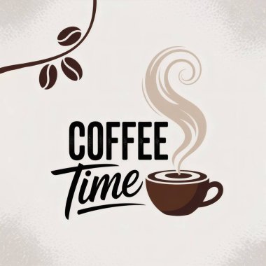Bir minimalist logo tasarımı. Yazılı kahve saatini modern ve stilize bir yazı tipiyle içeriyor. Kahve kelimesi büyük siyah fırça harfleriyle yazılırken, Zaman aşağıdaki küçük siyah el yazısı ile yazılmıştır. Metnin sağında basit bir kahverengi tabut var.