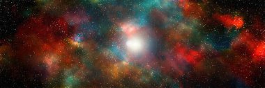 Yıldız tozu ve parlayan yıldızlarla dolu bir arka plan. Gerçekçi kainat ve renkli nebula. Renkli galaksi. 3d illüstrasyon.