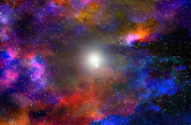 Yıldız tozu ve parlayan yıldızlarla dolu bir arka plan. Gerçekçi kainat ve renkli nebula. Renkli galaksi. 3d illüstrasyon.