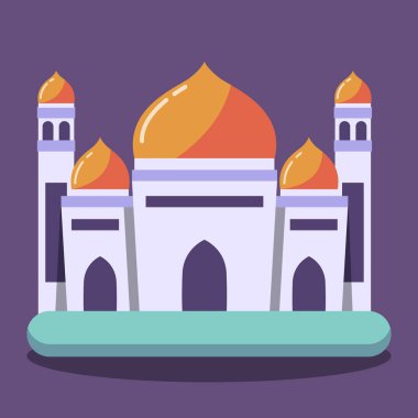 Vector flat Muslim Mosque on dark blue background. Flat with shadow architectural object. Vector cartoon design. Beautiful muslim shrine icon illustration. Eastern cultural landmark.