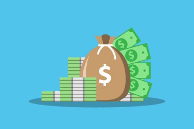 Para. Dolarlık banknotlar. Nakit para. Düz stil vektör çizim